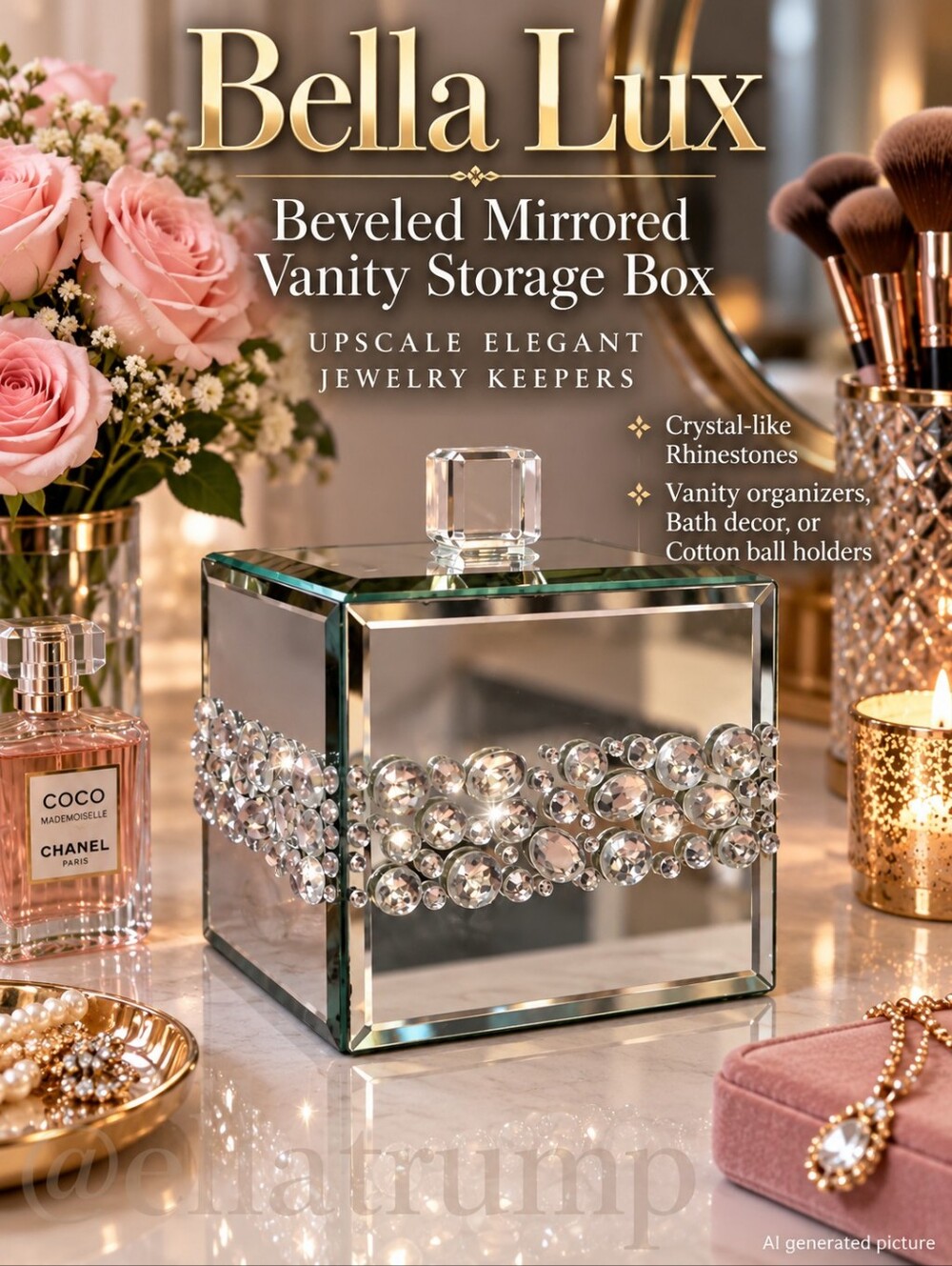 Bella Lux Beveled Mirrored Vanity Box Crystal-like Rhinestones Vanity Organizer